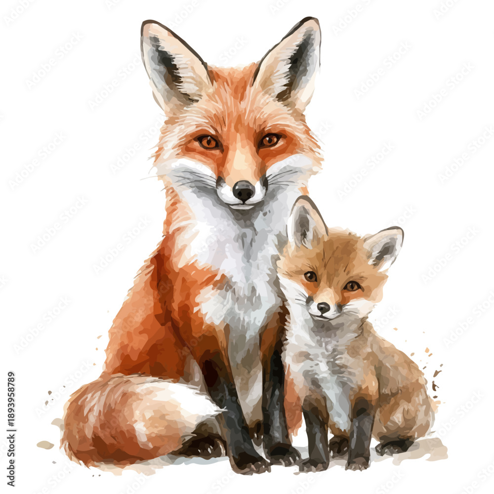 Fototapeta premium watercolor graphic of A Mother Fox With Her Kid, isolated on a white background.