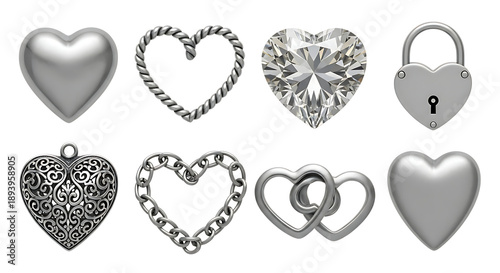 Silver love jewelry set with hearts locks and diamond pendants