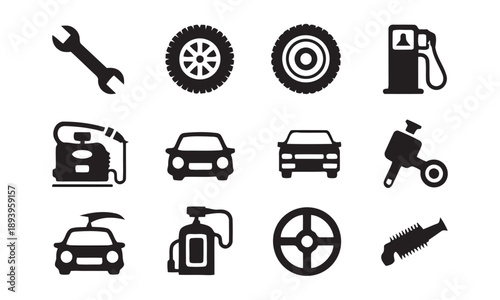 Car repair and service icons set includes wrench tire wheel gas pump fuel dispenser car wash and car icons with fire extinguisher and steering wheel symbols