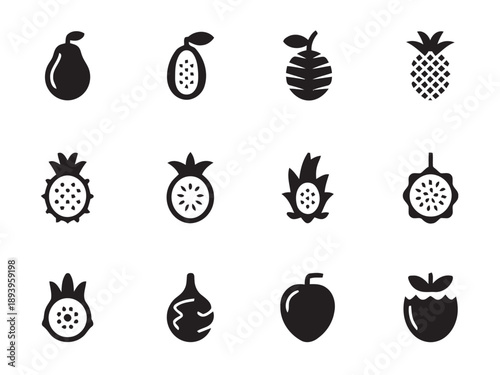 Collection of 12 stylized black fruit icons including pear, guava, pineapple, dragon fruit, and mangosteen, perfect for healthy eating or tropical themes