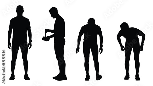 Silhouettes of four men in various poses against a stark white background