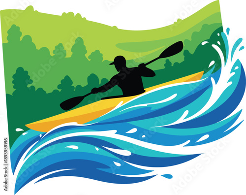 Silhouette of a kayaker paddling through dynamic water splashes and forest
