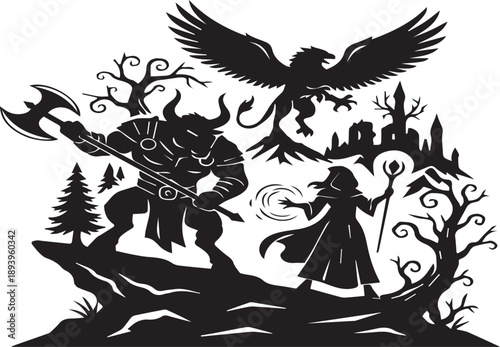 A black vector silhouette showing a winged angel and devil girl blending with flying birds and fantasy tribal wings