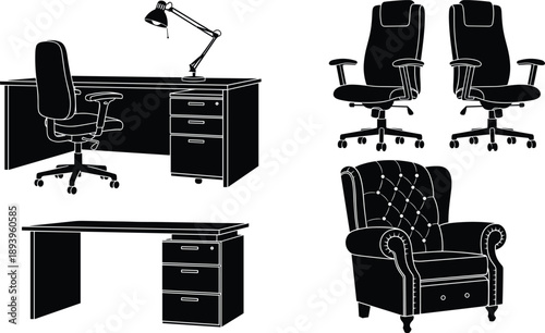 Large set of black and white vector silhouettes featuring professional office furniture including executive desks chairs a table lamp and a classic tufted armchair