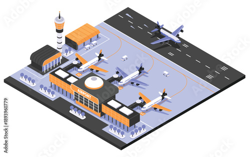 Airport travel scene composition in isometric illustration