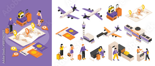Airport travel icons collection in isometric illustration