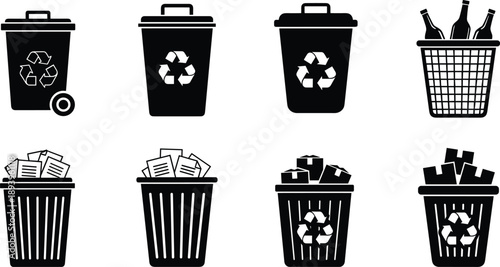 Set of black and white vector icons featuring various recycling bins and trash cans for paper glass cardboard and waste management environmental conservation concepts