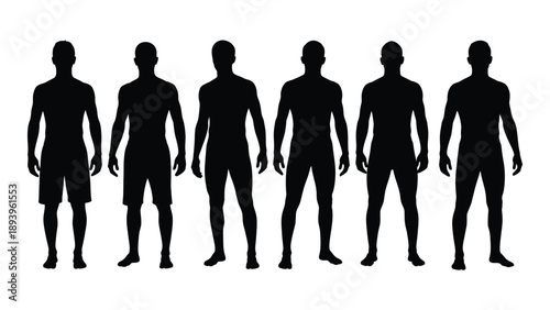Six silhouetted figures of men varying in body type standing in a row
