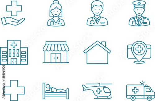 Medical and healthcare line icon set with doctors, hospital, ambulance, clinic, emergency and insurance symbols