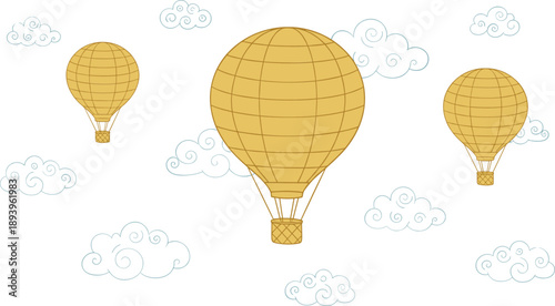Hot air balloon illustration with clouds in sky background for travel adventure and dreamy flying concept design
