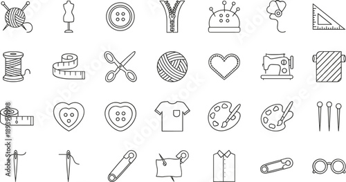 Sewing and tailoring line icon set including buttons, scissors, thread, needle, machine and fashion design tools