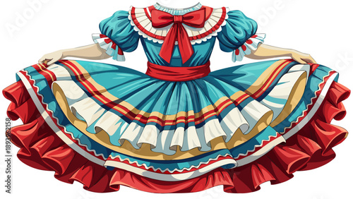 Very beautiful close-up of a classic American square dance women’s dress with ruffled fabric and decorative stitching, isolated on white background, celebrating folk tradition and festive cultural fas