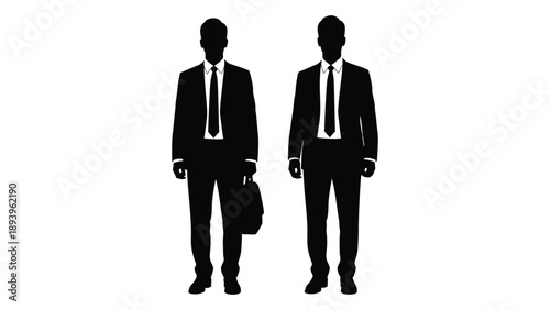 Silhouettes of two men in suits facing forward with a bag