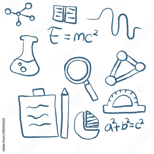 Vector collection of science and chemistry icons featuring a doodle sketch set of glass bottles and vintage laboratory symbols in a seamless pattern design