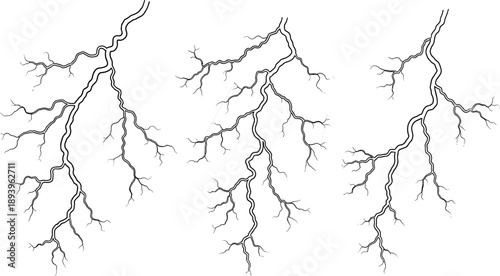 Lightning bolt collection, electrical storm strike illustrations, thunderbolt weather icons, power energy sparks, cad drawing flat vector illustration, atmospheric electricity