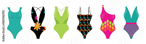 Set of one-piece women's swimsuits in cartoon style. Vector illustration of beautiful swimsuits with different designs, patterns, chains: rectangles, flowers, stripes, isolated on white background.
