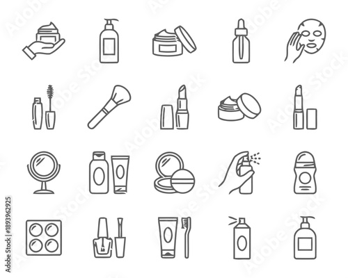 Collection of outline icons representing various beauty products and cosmetic items for makeup and skincare routines, simple line art.