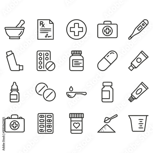 Collection of pharmacy and medicine related line icons including mortar pestle, prescription, first aid kit, thermometer, inhaler, pills, and ointment for drug store