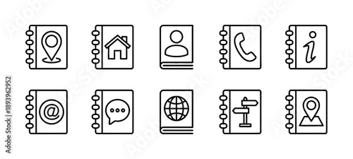 Collection of phone book icons representing various contact and information services including location, home, person, phone call, information, email, chat, globe and navigation