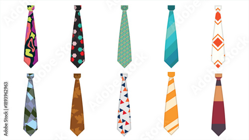 Set of elegant men's long ties in cartoon style. Vector illustration of stylish colored ties for business suits: abstract patterns, rhombuses, stripes, triangles isolated on white background.
