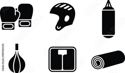 Black silhouette icons depicting boxing sports and fitness equipment