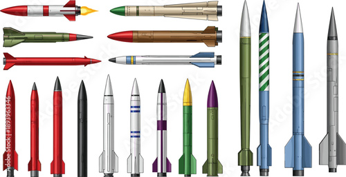 Military missile and rocket set with various ballistic weapons, space projectiles, defense technology icons, cad drawing flat vector illustration, aerospace weaponry collection.