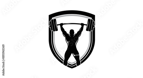 Muscular weightlifter silhouette lifting a barbell overhead within a shield emblem, isolated white background, symbolizing strength.