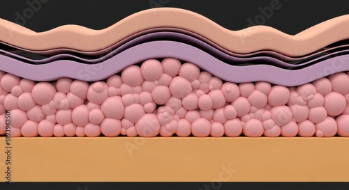 Cross section illustration depicts layers of biological tissue including accumulated adipose cells beneath the dermis