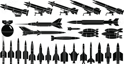 Military missile rocket and bomb silhouette set isolated on white background cad drawing flat vector illustration for defense army war weapon design