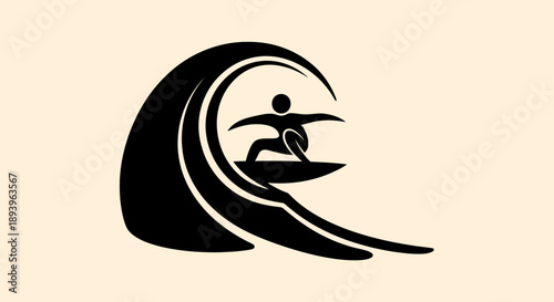 Surfer riding a large ocean wave with dynamic motion on a cream background.