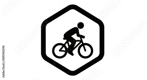 Cyclist silhouette riding a bicycle in a hexagonal frame, isolated white background.