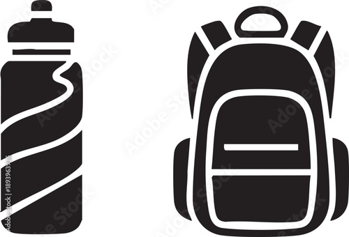 A black silhouette illustration of a water bottle and backpack