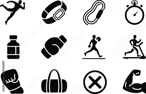 Black silhouette icons representing various fitness and athletic activities