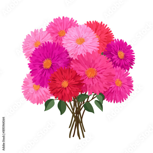 Flat 2D minimalist illustration of a Aster Bouquet, modern vector design with white background.