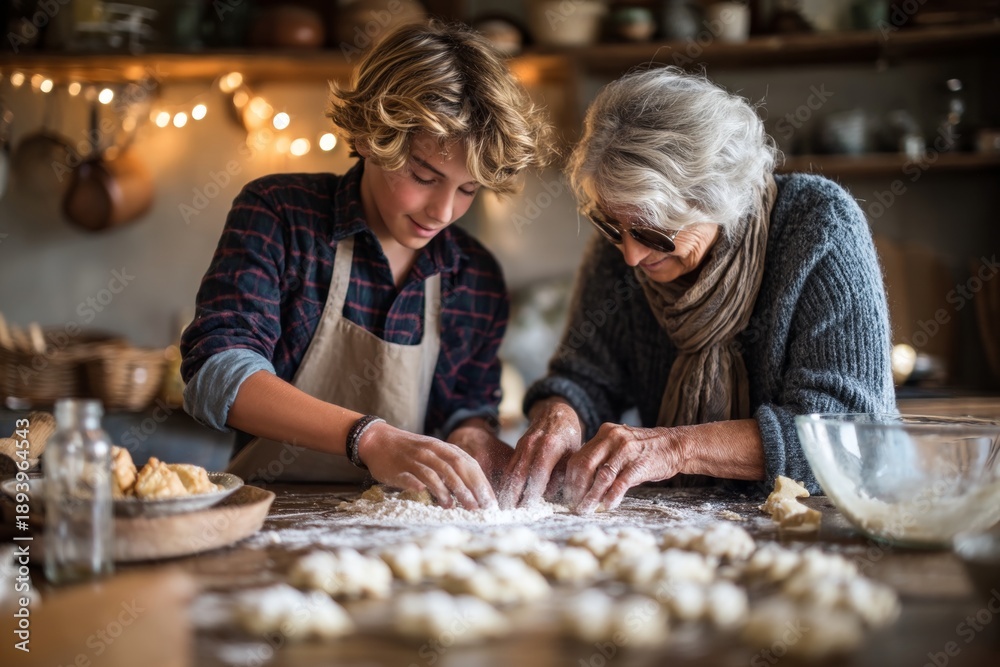 Fototapeta premium Teenager helping grandmother bake cookies in kitchen