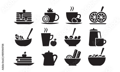 Collection of twelve black food and drink icons, featuring pancakes, steaming cups, bowls of fruit and cereal, and teapots for breakfast and beverage themes.