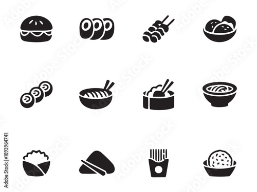 Collection of twelve flat design icons representing different food items including burgers sushi skewers meatballs rice bowls and more