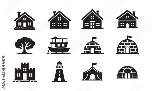 Collection of twelve simple modern flat black icons representing housing, transportation, nature, and shelter for travel and outdoor activities on white background
