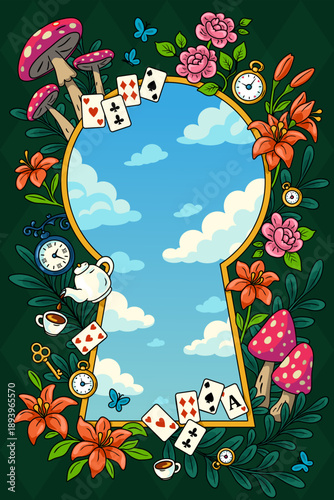 Wonderland background. Flowers, mushrooms, clock and key, teapotand cup, cards and butterflies. Flowers frame and gold keyhole on green background. Vector illustration