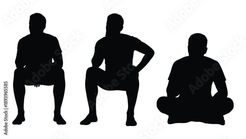 Three silhouettes of men in various relaxed seated postures against a white background