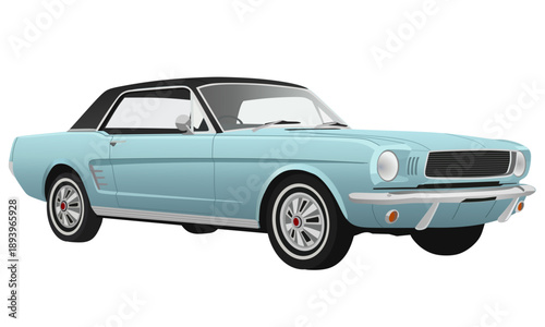 Retro Light Blue Classic Car Illustration, Vintage Two Door Hardtop Coupe Isolated on White