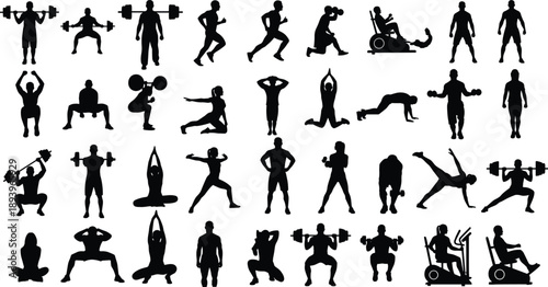 Fitness workout silhouettes collection, gym exercise training poses, bodybuilding cardio strength activities illustration, black isolated vector set
