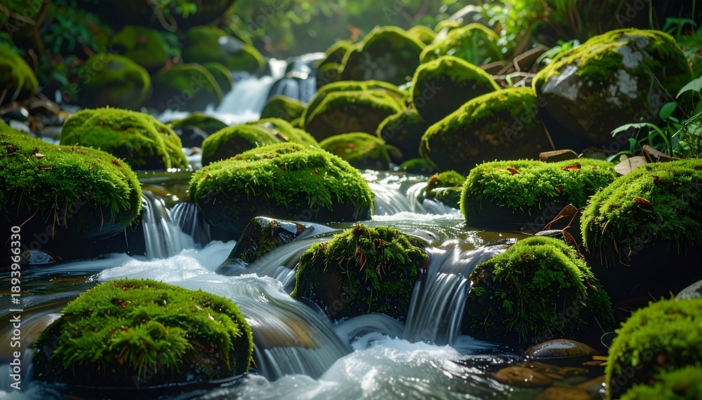 Fototapeta premium Tranquil forest waterfall with mossy rocks flowing in lush green nature landscape