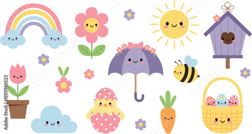 Adorable spring kawaii vector set featuring smiling rainbow sun flower bee birdhouse umbrella and Easter chick icons for cute seasonal card designs and stickers.