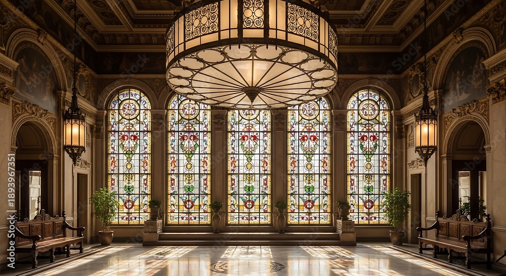 Obraz premium Opulent interior with stained glass windows and elegant furniture