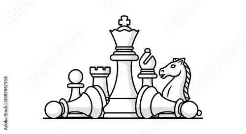 Strategic Board Game Pieces King, Queen, Bishop, Knight, Pawn, Rook, Representing a Chess Game with Focus on Strategy and Tactics