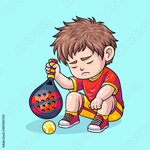 Sad Boy Padel Player Feeling Defeated and Crying in Cute Chibi Cartoon Illustration for Kids Sports Concept