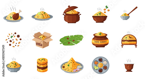 Biryani Rice Icons Set, Indian and Middle Eastern Cuisine Vector Illustration, Takeaway Food, Traditional Spices, and Basmati Rice Dishes Collection on White Background