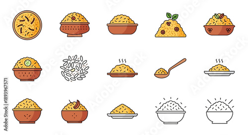 Biryani and Fried Rice Line Icon Set, Traditional Asian Cuisine Vector Illustration, Basmati Rice Bowl, Steaming Hot Meal, and Culinary Symbols Collection Isolated on White