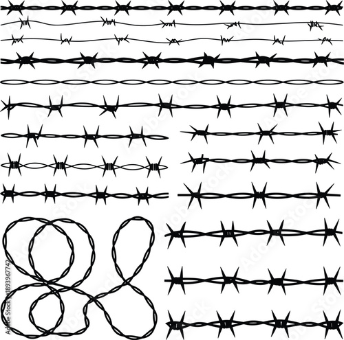 Barbed wire silhouette vector set featuring security fence lines, sharp thorn borders, twisted metal patterns, danger warning elements, industrial protection design, black illustration
